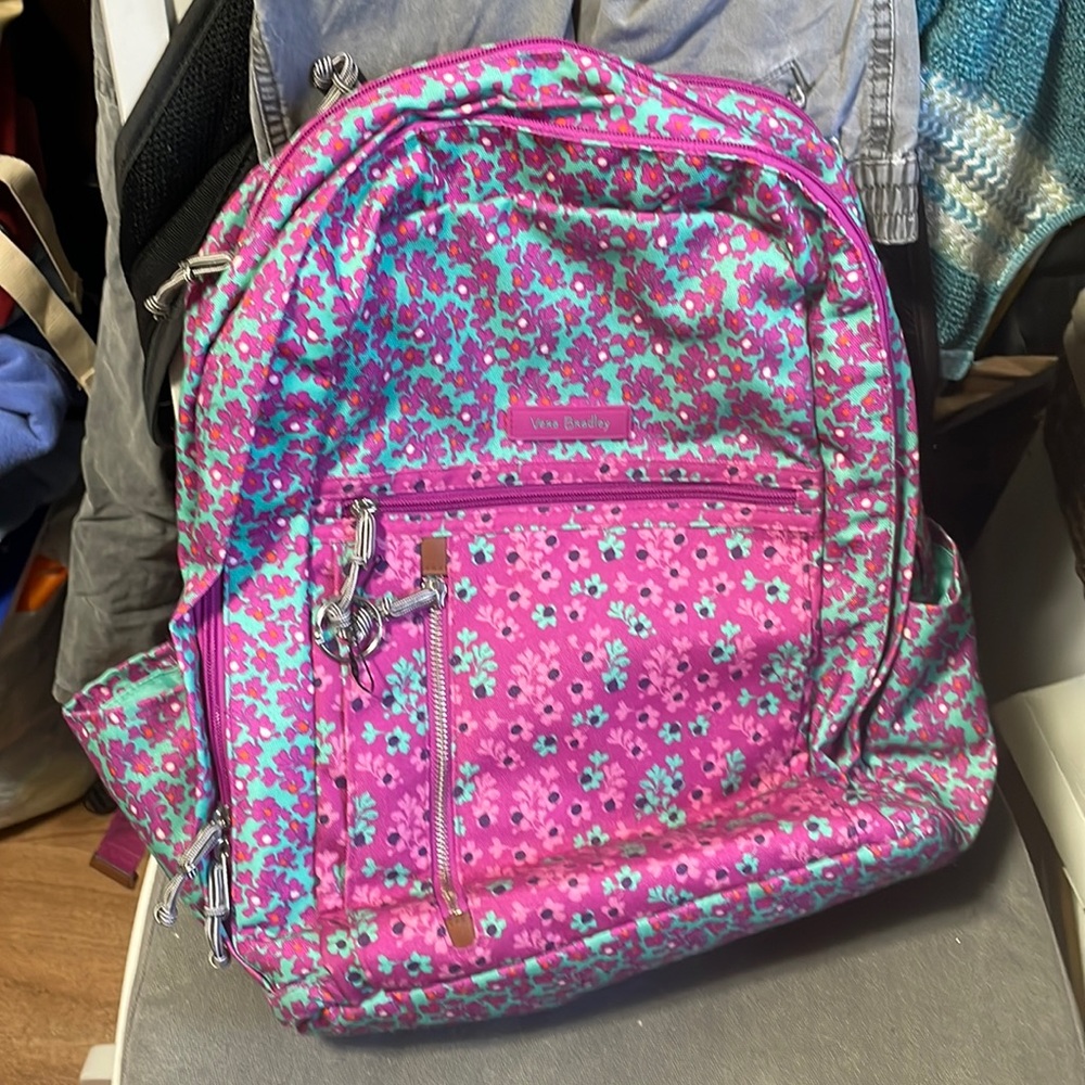 Purple + teal Vera Bradley floral backpack 5+ pockets w 3 main compartments